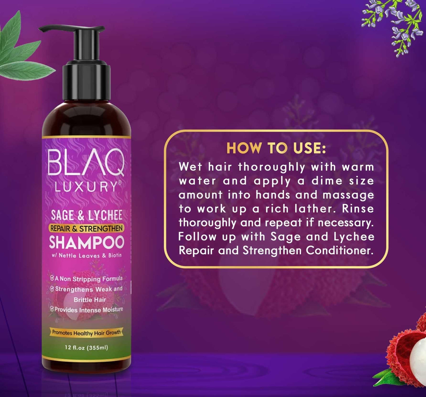 Blaq Luxury Sage & Lychee Repair and Strengthen Shampoo - Revitalizes Your Hair with infused Biotin and Nettle - Sulfate-Free Formula for All Hair Typ...