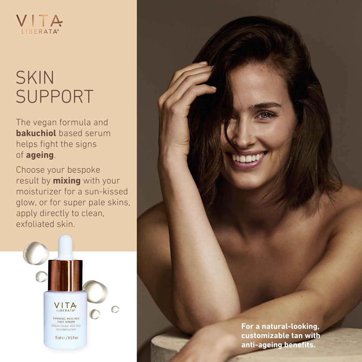VITA LIBERATA Anti Age Serum 15ml & Brush Bundle, Anti-ageing & Hydrating, Customizable Tan, Streak Free Application Blending Brush, Natural, Sunkissed Glow, Skincare Ingredients