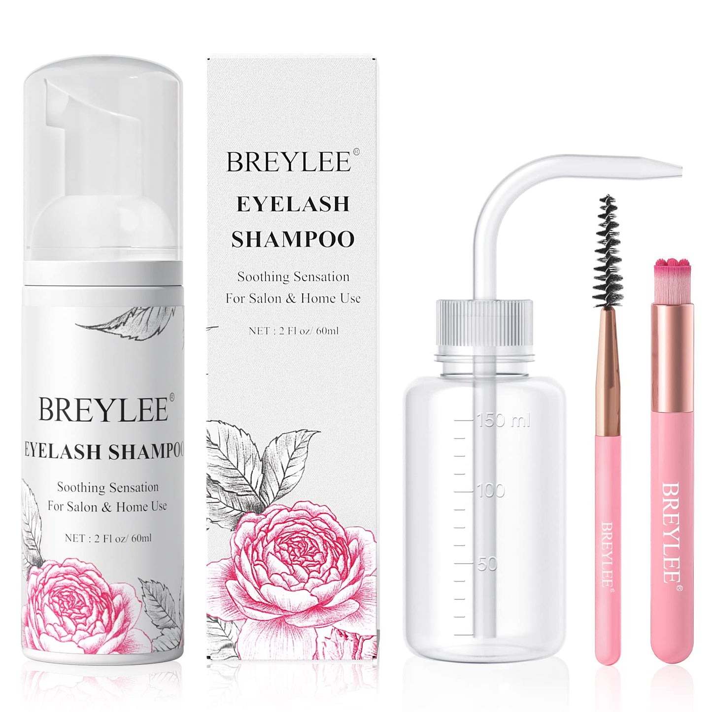 BREYLEE Lash Shampoo Kit 60ml, Rinse Bottle & 2 Brushes, for Extensions
