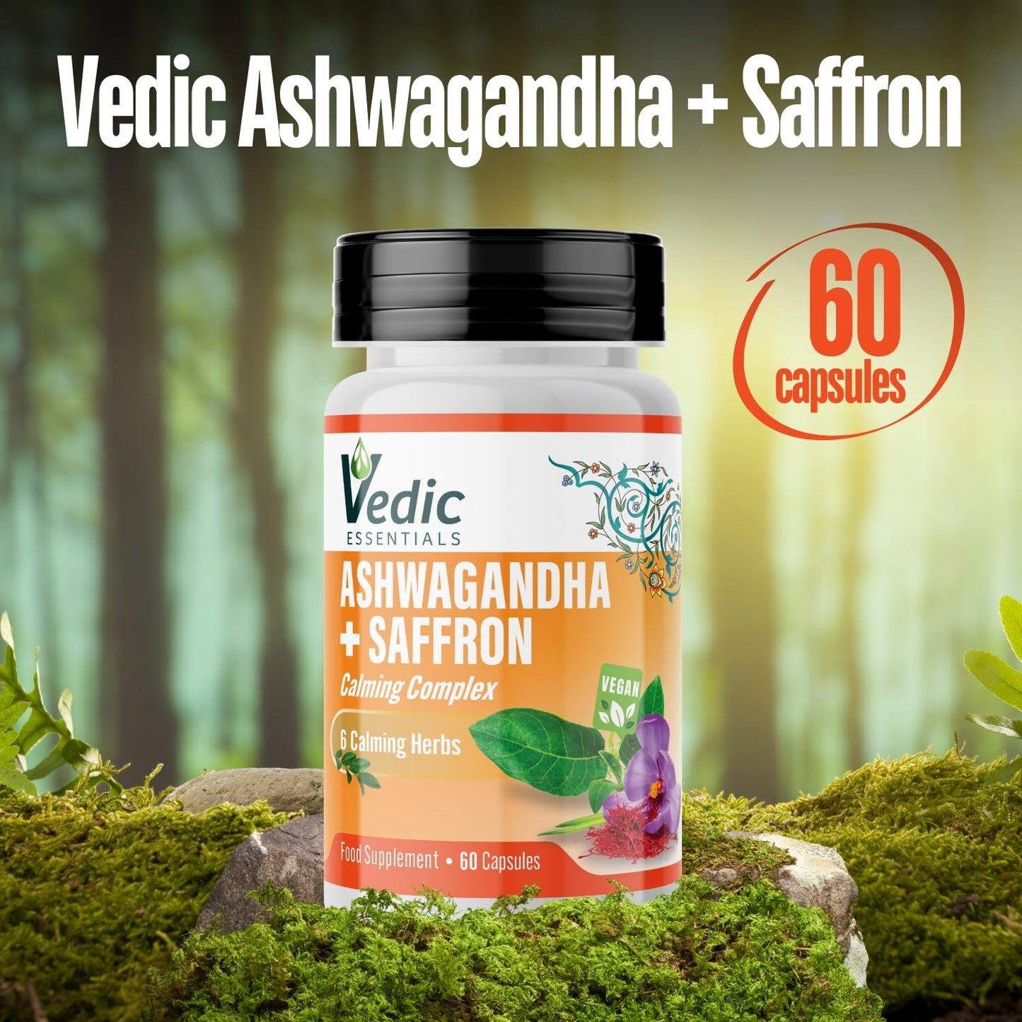 Vedic Essentials Vedic Ashwagandha-Saffron Calming Complex | 6 Herbs Blend- Ashwagandha Boosted with Saffron, Chamomile, Hops, Inositol & Schisandra Berry | High Strength 2290mg | Premium, Vegan, 60 Capsules