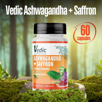 Vedic Essentials Vedic Ashwagandha-Saffron Calming Complex | 6 Herbs Blend- Ashwagandha Boosted with Saffron, Chamomile, Hops, Inositol & Schisandra Berry | High Strength 2290mg | Premium, Vegan, 60 Capsules