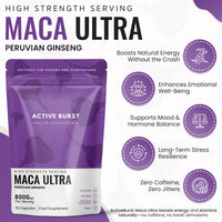 MacaRoot Ultra – Maca Root Capsules 8000mg | Peruvian Ginseng 10:1 Extract | 1.6mg Macamides | Energy, Mood & Hormone Support | Vegan, UK Produced, Lab Tested | 90 Capsules | ActiveBurst Nutrition