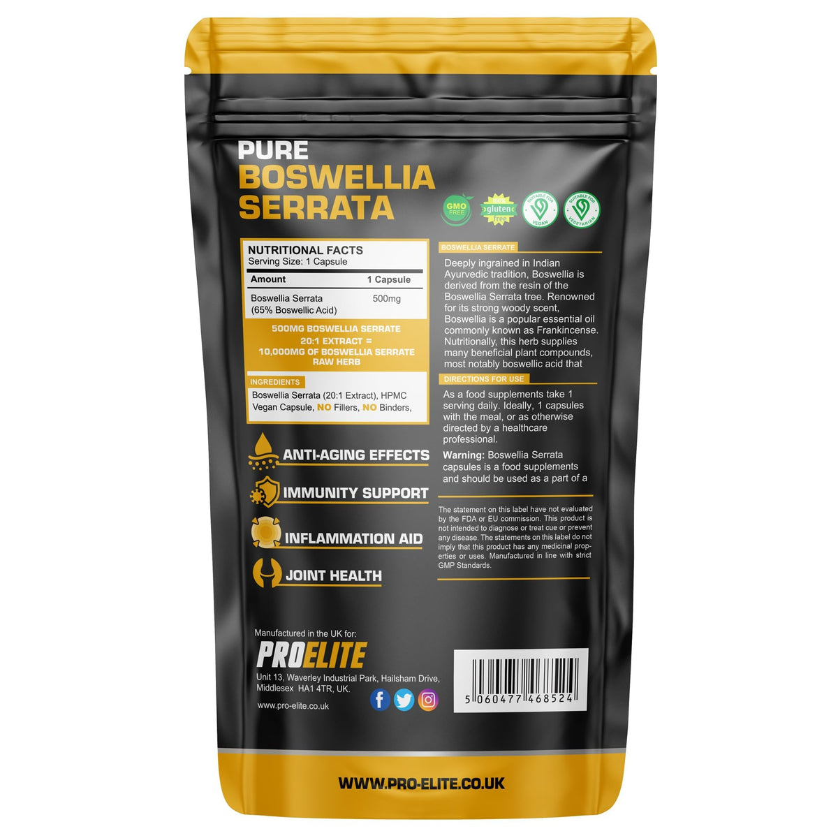 Boswellia Serrata Extract 10,000mg 180 Capsules (6 Months Supply) – 65% Boswellic Acid (500mg per Capsule) | Joint Care Supplements | Indian Frankincense Resin by PROELITE