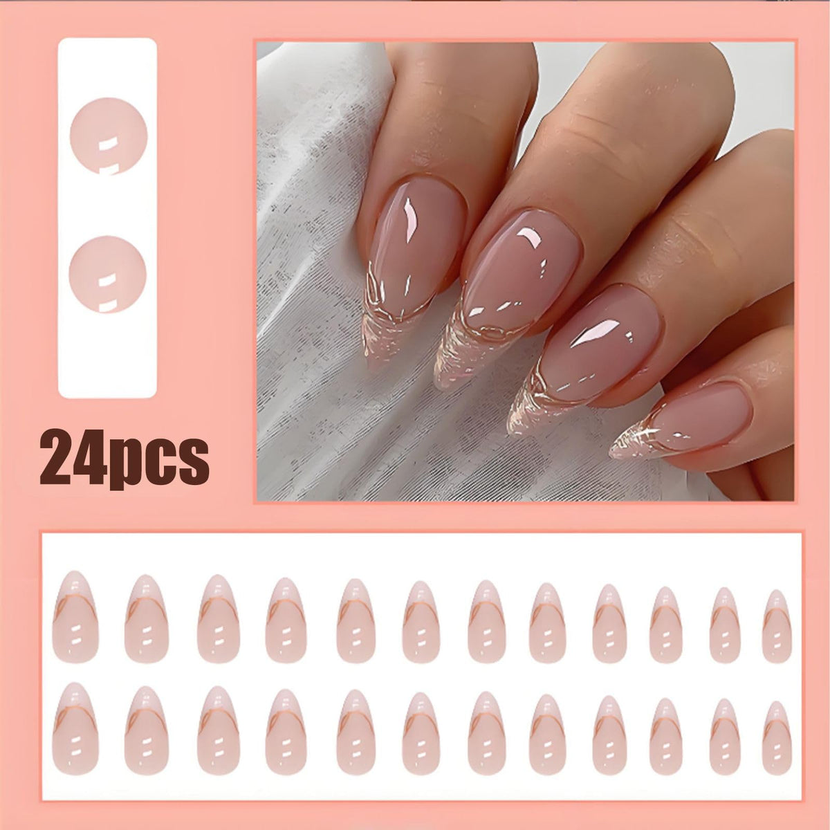 Generic 24Pcs Stiletto Press on Nails Long Almond Gold Lined Elegant & Chic Shiny with Accessory Tools, French Tip False Nails Fake Stick on False for Home Use (Stiletto Gold Shiny)
