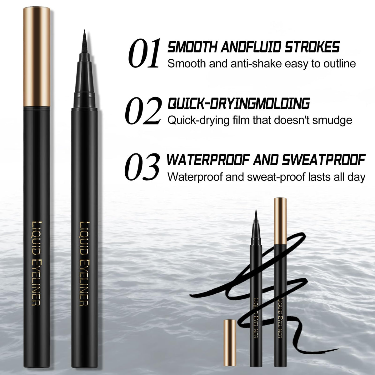 Apooliy Liquid Eyeliner with Eye Liner Stencils,Waterproof Eyeliner Pen with Slim Tip,Quick Drying,Longwearing Eye Makeup Stick,Black