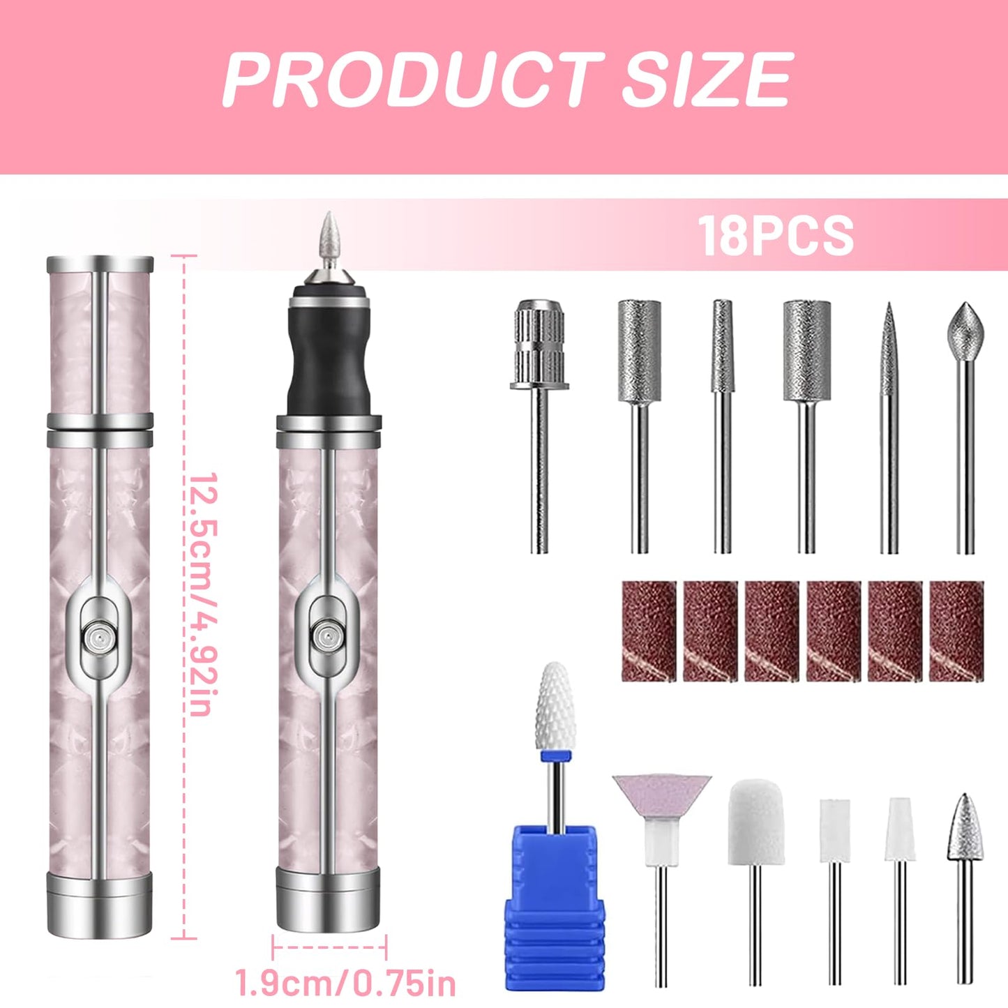 Bettinay 4 Speeds Nail Grinder for Thick Toenails Set, Electric Nail File for Various Nails and Shapes (18 Grinding Heads)