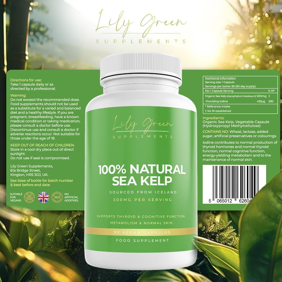 Lily Green Supplements Lily Green Organic Sea Kelp | 500mg Per Serving Thyroid Support Supplement | 435mcg of Iodine Supplement per Capsule | Non-GMO & No Artificial Fillers Cognitive Supplements | 90 Capsules | Made in UK