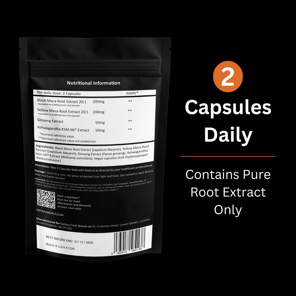 Natral Maca Root Black & Yellow 8000mg Complex enriched with KSM Ashwagandha & Ginseng - 120 High Strength Capsules