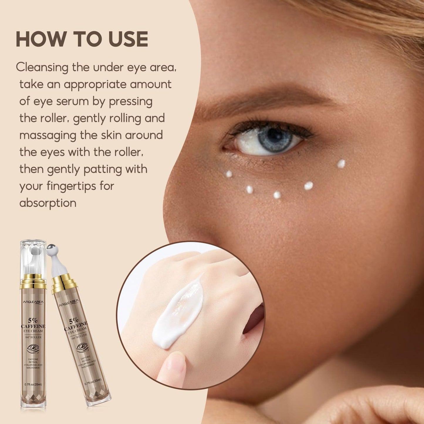 HOPHAT 5% Caffeine Eye Serum - Eye Cream with 360° Roller for Dark Circles and Puffiness, Reduce Eye Bags, Wrinkles and Fine Lines, Hydrate Eye Area 20ML