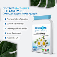 Health4All Chamomile 375mg, 60 Capsules 2 Months Supply, Purest Anxiety, Stress, Sleep and Digestive Health Supplement, Vegan Matricaria Recutita Flower Powder (not Extract) Capsules | Made in UK
