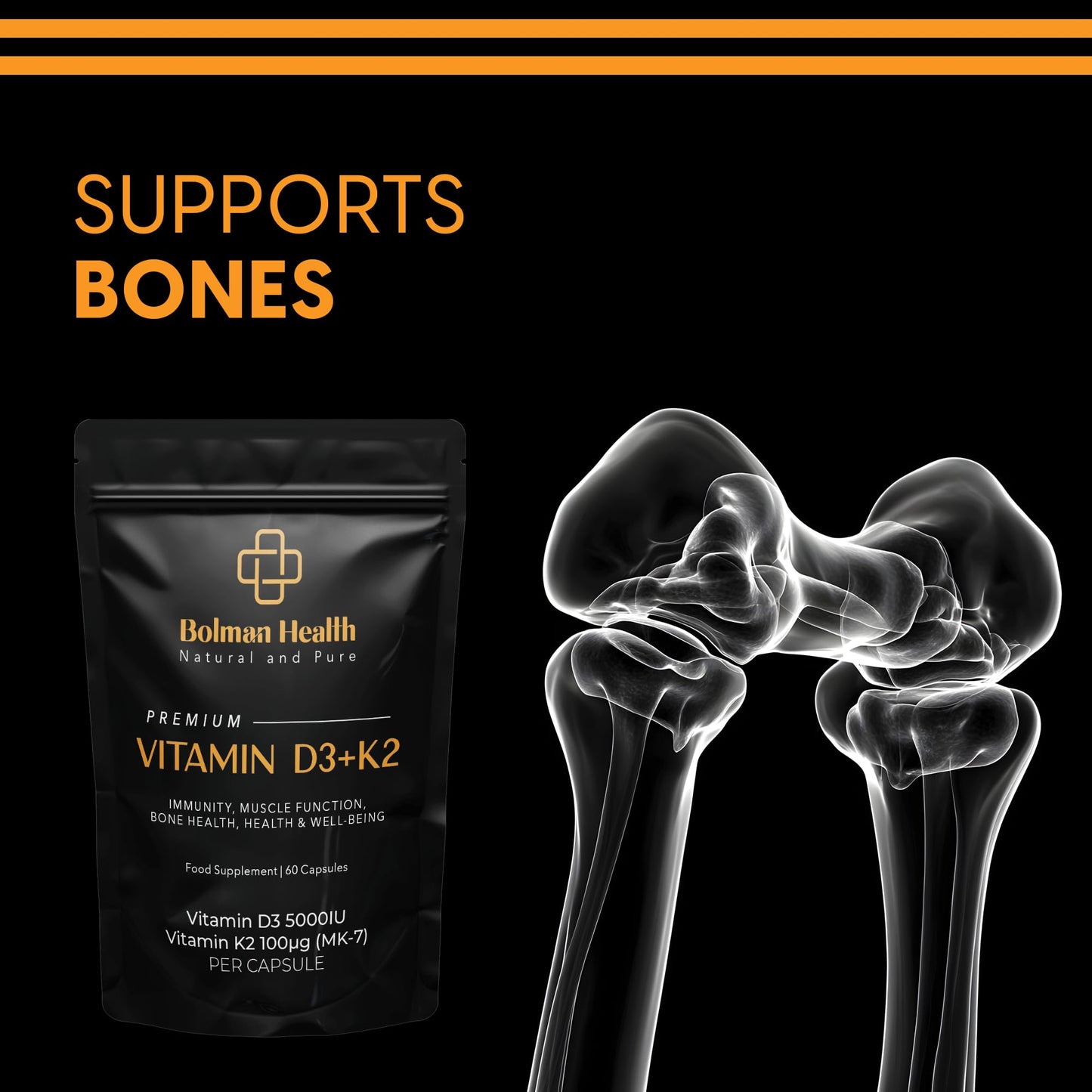 Bolman Health Vitamin D3 + K2 Capsules | Vegeterian Capsules | 5000IU & 100μg (MK-7) | 60 High Strength HMPC Vegan Capsules | 1-A-Day | Vegetarian and UK Manufacture - Supports Immune Sytem & Bone Health