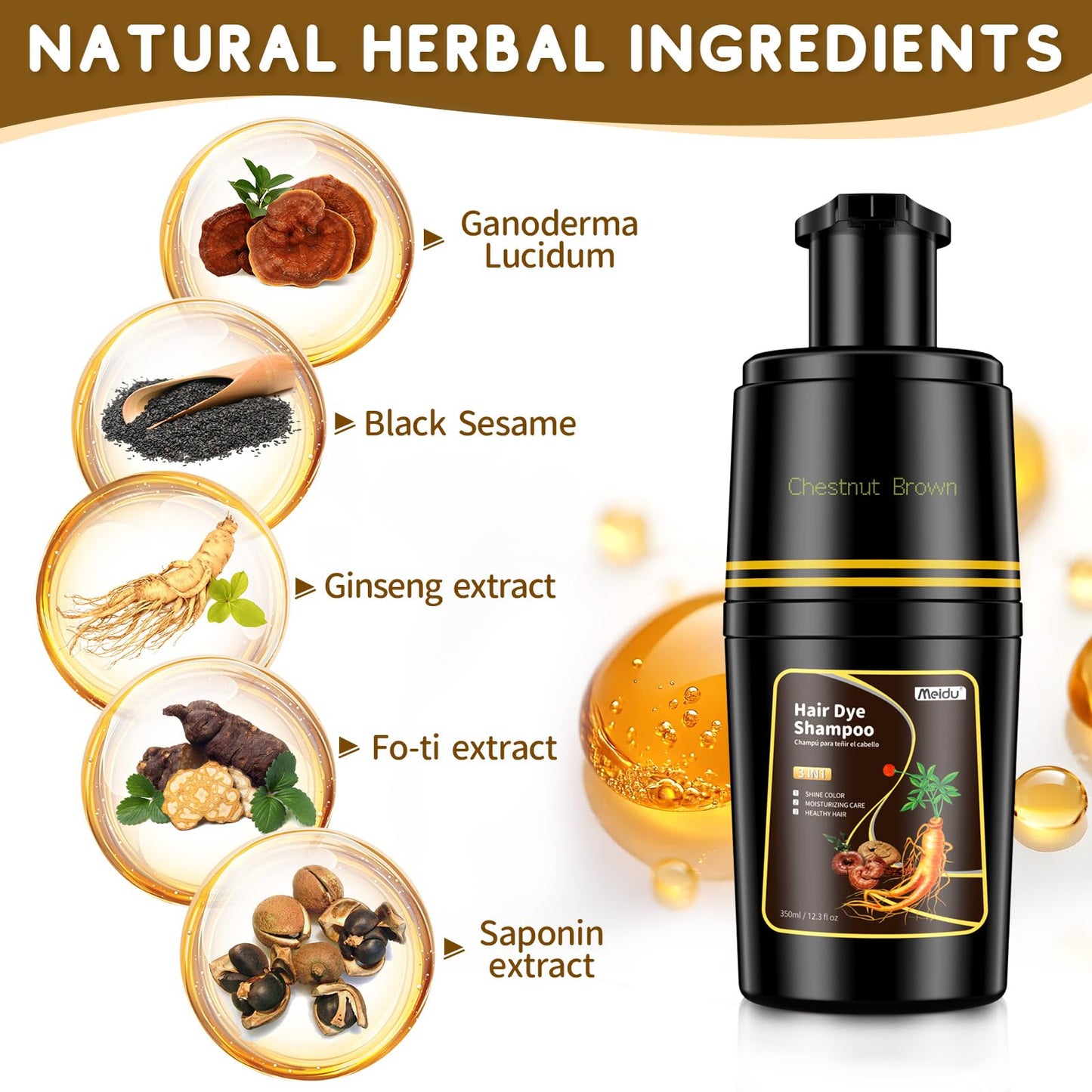 IIIMEIDU Black Hair dye Shampoo 3 in 1, Natural Hair Color Shampoo for Gray Hair, Herbal Hair Dye Shampoo for Women and Men 100% Grey Hair Coverage,350ml (Chestnut brown)