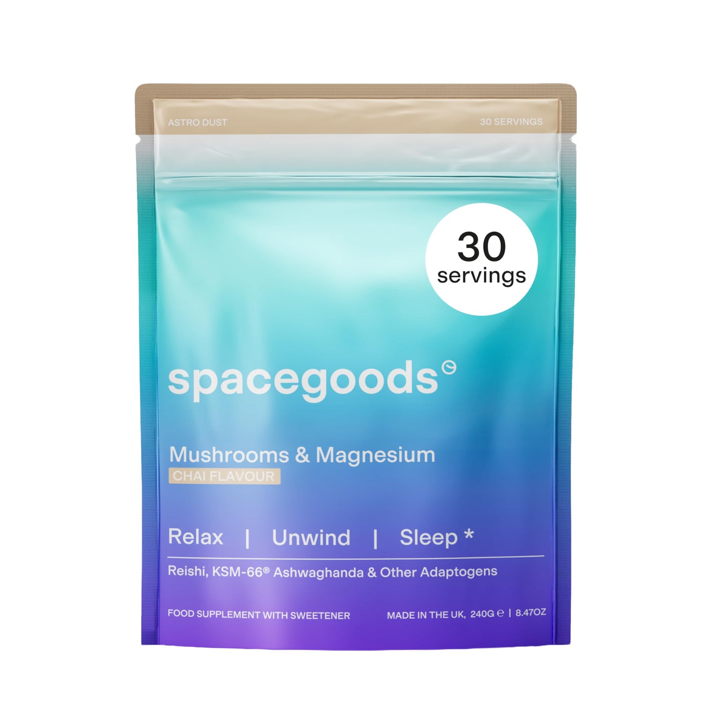 Space Goods Spacegoods Astro Dust 240g ℮, 30 Servings, Contains Magnesium and Ashwagandha, Relax Unwind & Sleep Deeply, Soothe Body & Mind, Chai Flavour