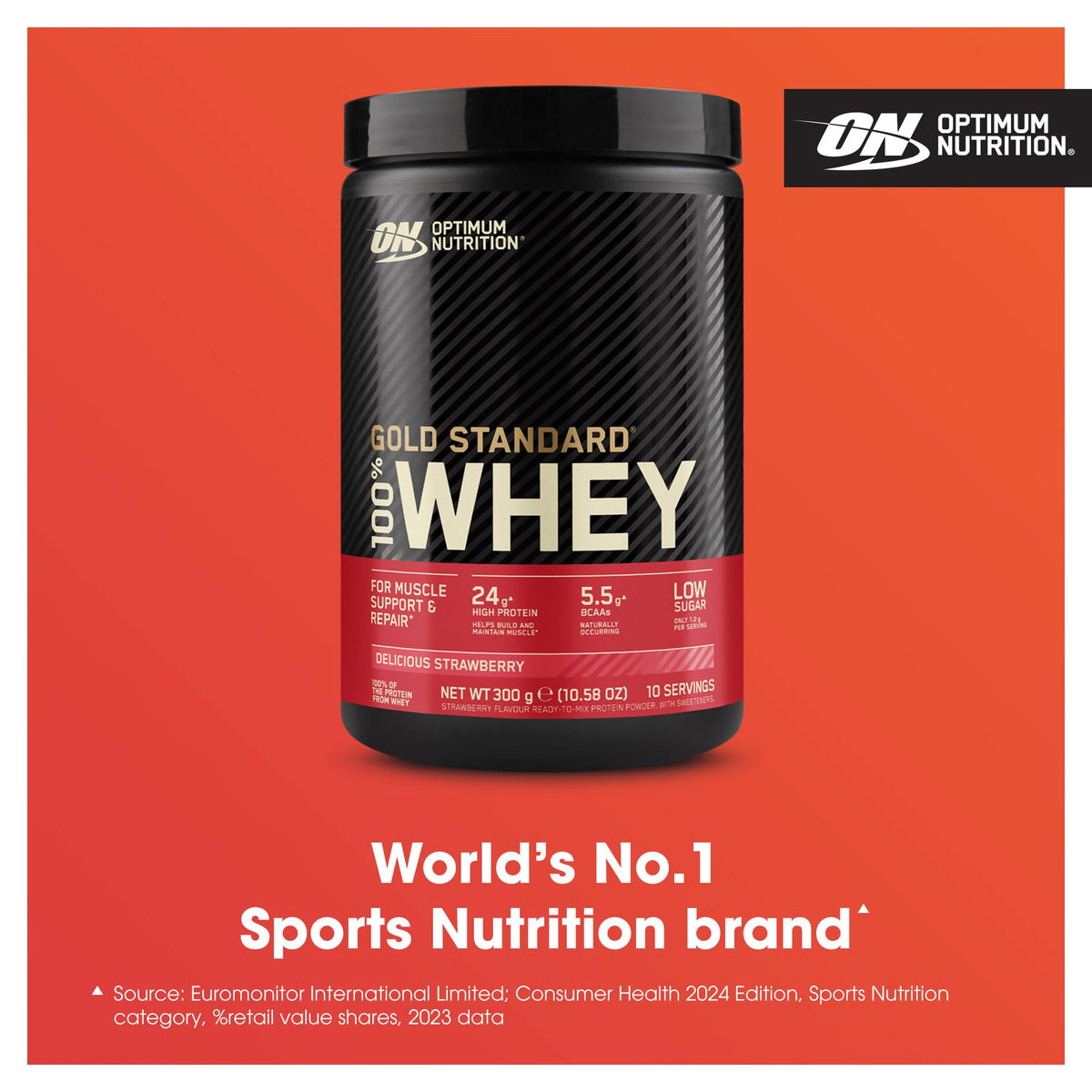 Optimum Nutrition 100% Gold Standard Whey Protein Powder, 24g Protein, Delicious Strawberry, BCAA, Low-Sugar, Fast-Digesting Isolate for Muscle Gain & Recovery, 300g, 10 Servings