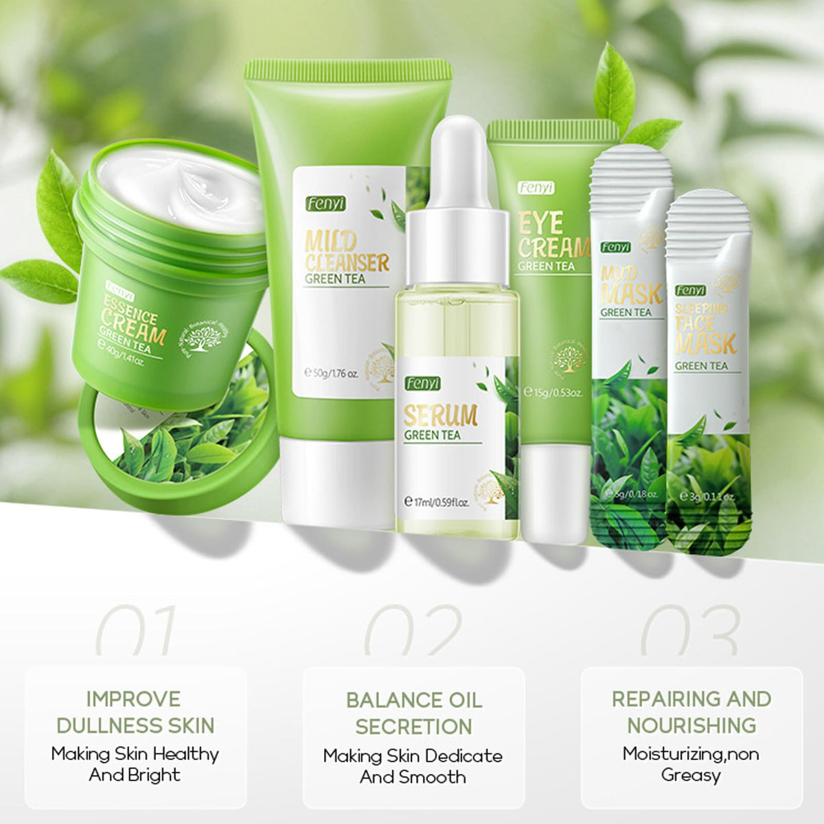 Angivlga Green Tea Skincare Set Gifts For Men & Women,Anti Acne Skincare Set Include Cleanser-Serum-Eye Cream-Face Cream- Face Mask-Blackhead Remover Mask For Hydrate Shrink Pore Sooth Redness Oil Control