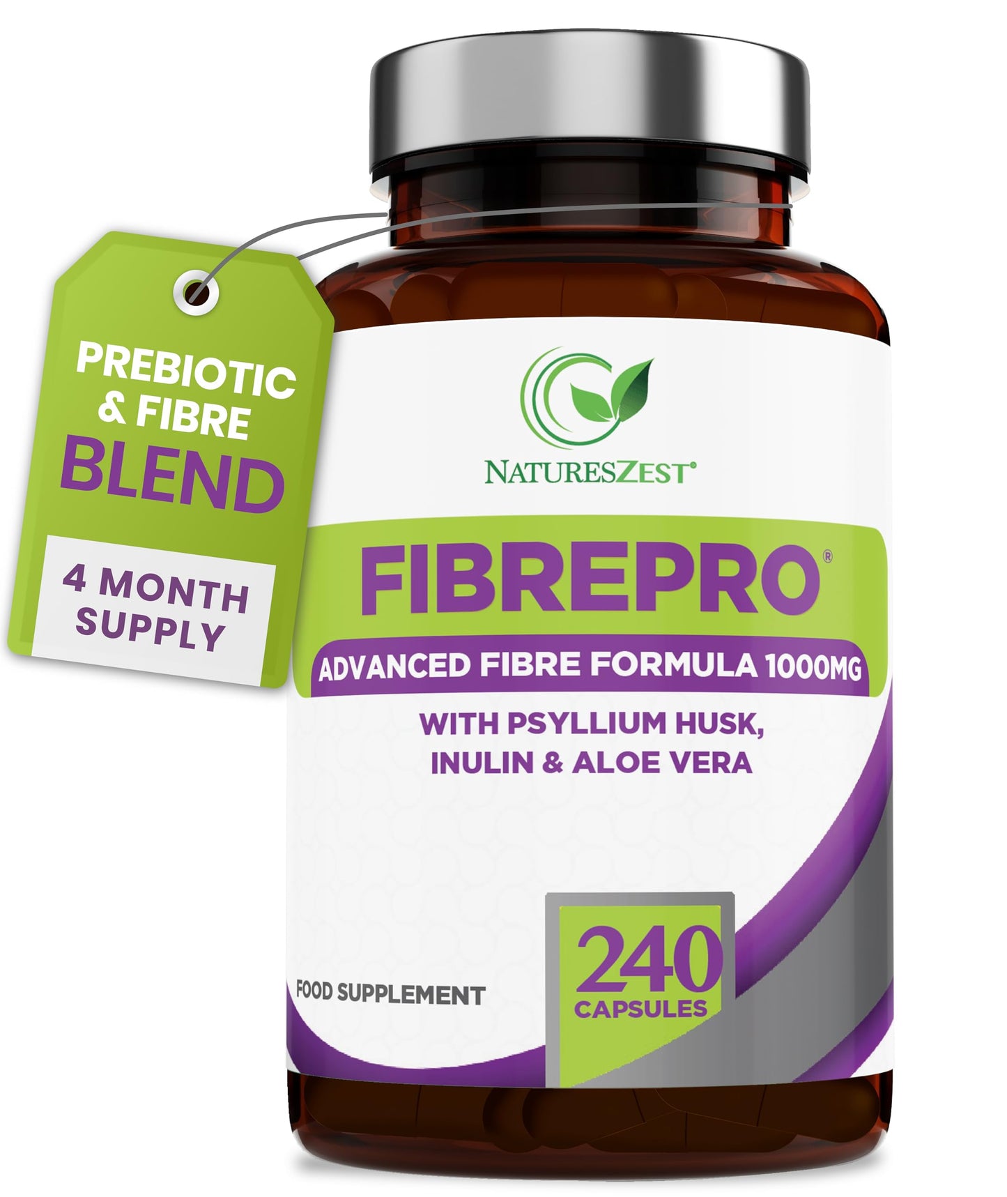 Natures Zest FibrePro 1000mg - Fibre Supplement -240 Psyllium Husk Capsules | High Strength Fiber Supplement Enriched with Prebiotic Inulin, Aloe Vera & Flaxseed | Vegan, Non GMO| UK Made - 4 Month Supply