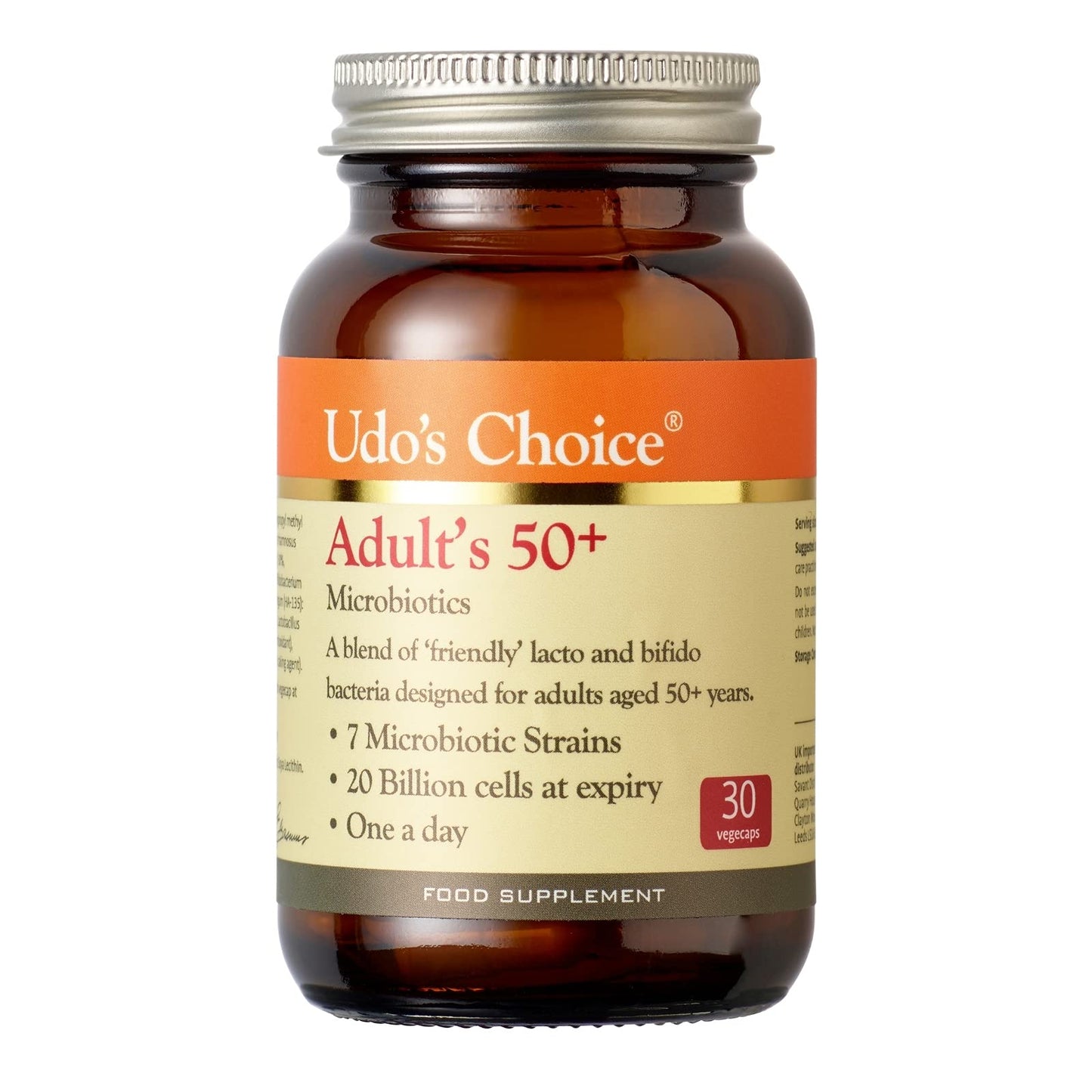 Udo's Choice Adults 50 Plus Age Specific Probiotics - Lacto & Bifido Bacteria - 34 Billion Cell Count - 7 Microbiotics Strains- Designed for Optimum Bowel Health - 30 Vegecaps