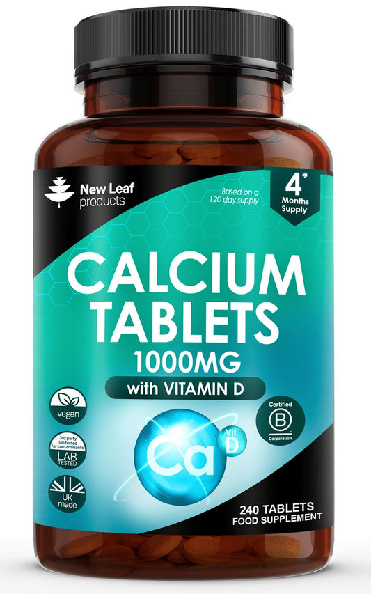 NEW LEAF PRODUCTS Calcium and Vitamin D3 Tablets - Calcium Supplement - 240 High Strength Calcium Tablets Supplement Calcium Vitamin D3 Tablets - Calcium Complex Made in The UK by New Leaf