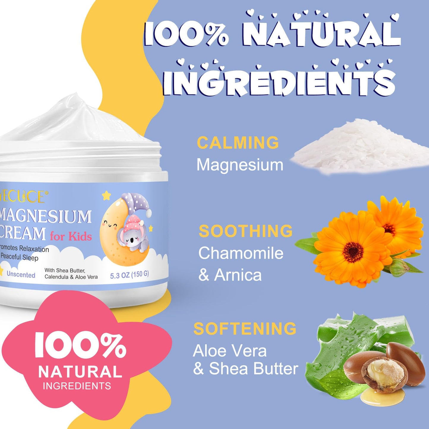 RoongDuuDll Magnesium Cream for Kids, Topical Magnesium Lotion for Sleep, Calm Magnesium Oil Butter Balm with Shea Butter, Aloe Vera, Calendula, Baby Cream for Feet, Stomach, Arms, Legs Relief for Bedtime - 150g