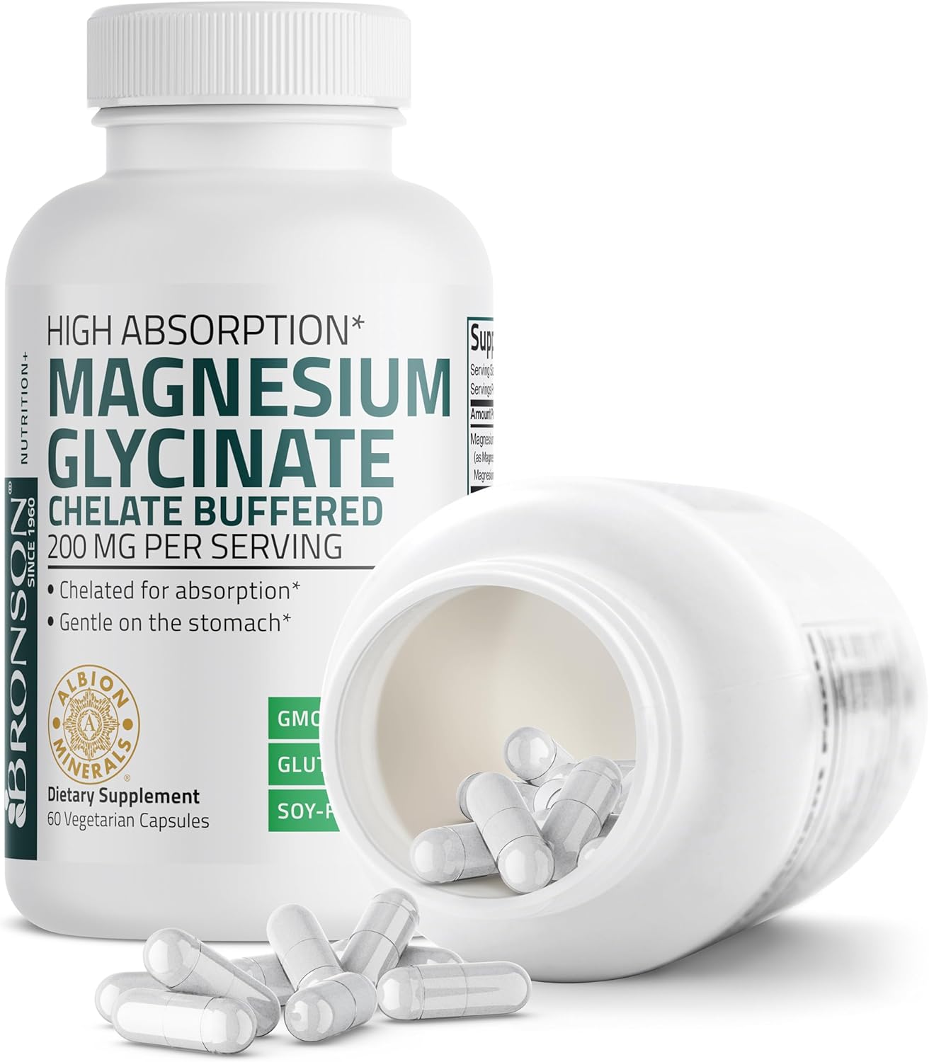 Magnesium Glycinate 200 MG per Serving Chelated for High Absorption, Gentle On Stomach, Non-GMO, 60 Vegetarian Capsules