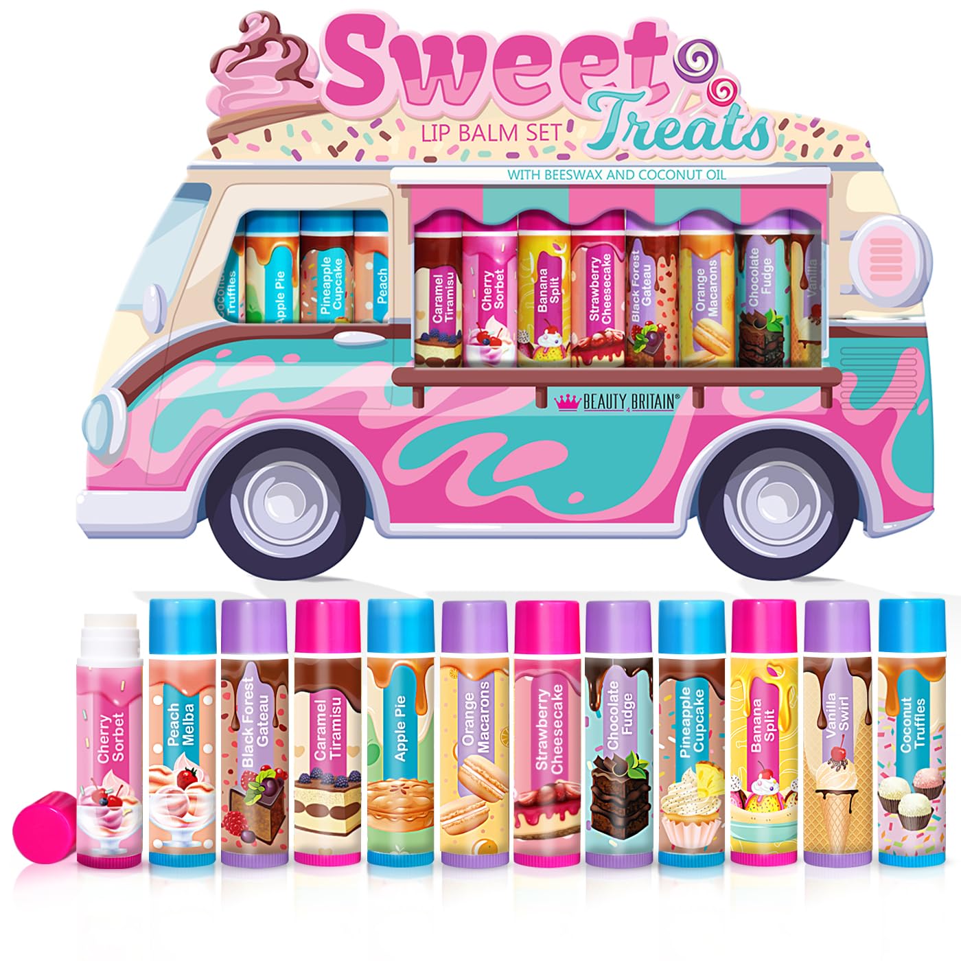 Beauty4Britain Kids Lip Balm Set Sweet Treats - 12 Different Dessert Flavours, Beeswax & Coconut Oil, Colourless, for Girls and Boys