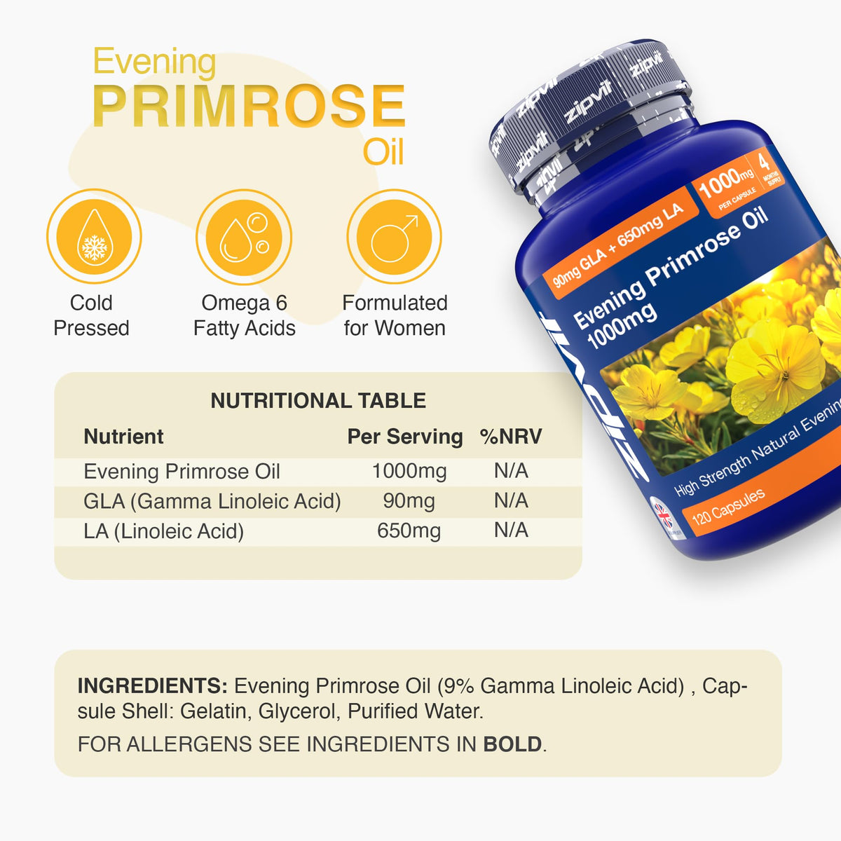 Zipvit Evening Primrose Oil 1000mg Per Capsule, High Strength Omega 6 GLA & LA, Cold Pressed, 120 Softgel Capsules, 4 Months Supply