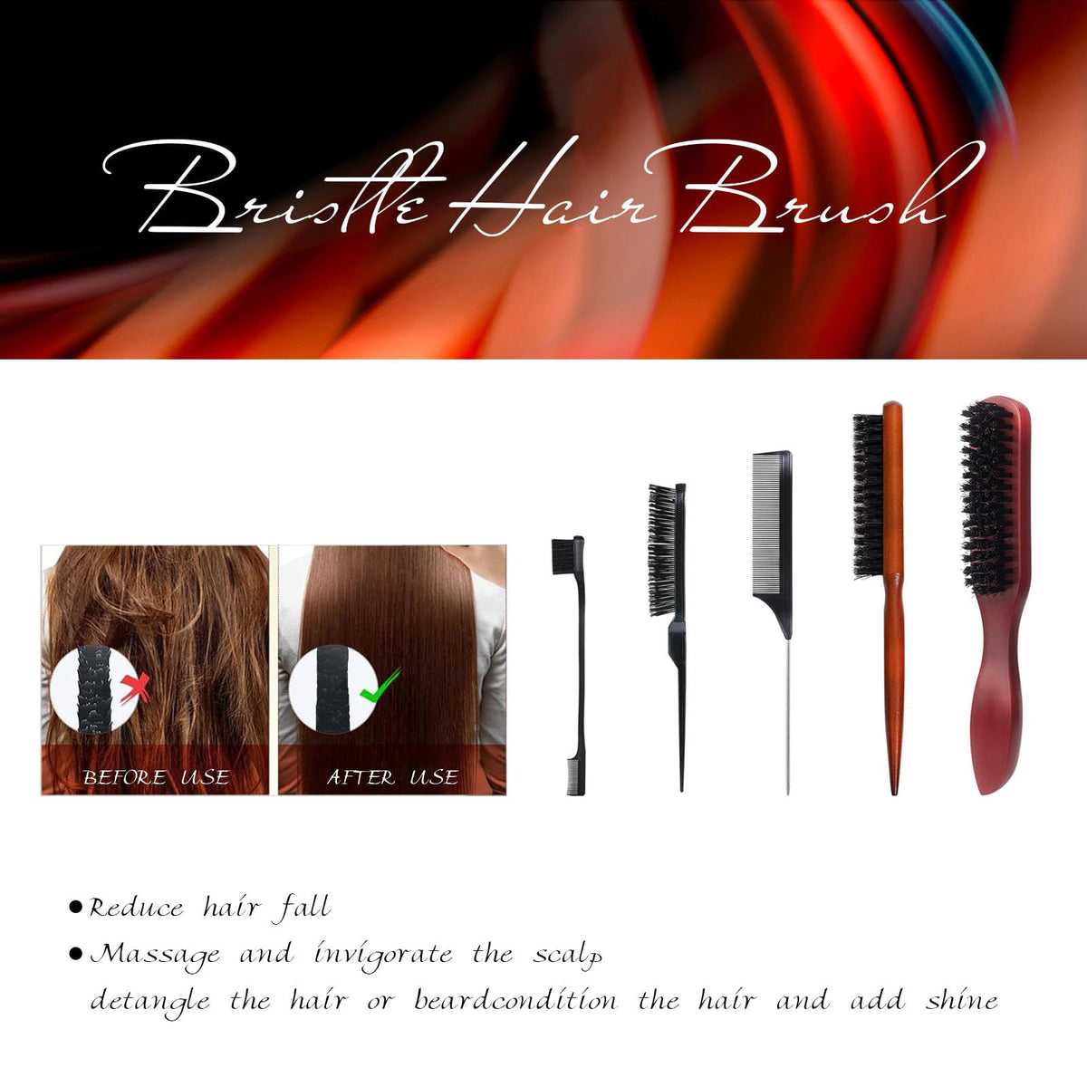 couduan 5 Pcs Slick Back Brush Set - Smoothing & Teasing Brush for Men's Hair & Beard - Rat Tail Comb with Double Sided Edge