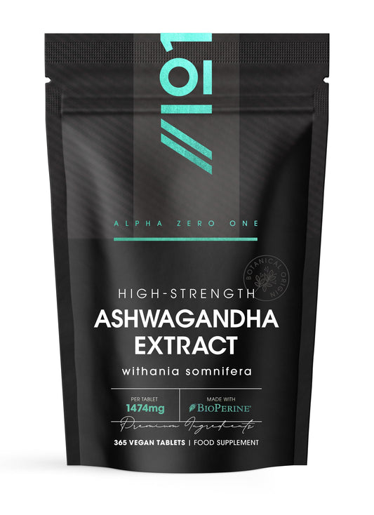 ALPHA01 Ashwagandha Extract 1474mg with BioPerine® - 365 Vegan Tablets (1 Year Supply) - Potent 3% Withanoids - High Strength Ashwagandha Root Extract (not Ashwagandha Capsules)