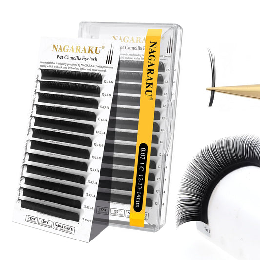 NAGARAKU Wet Camellia Lash, Roots with Light Glue Mega Volume Lash 12mm-13mm-14mm Mix Length Eyelash Extension 0.07mm LC Curl Maga/Wispy/Fox/Anime/Hybrid Volume Style