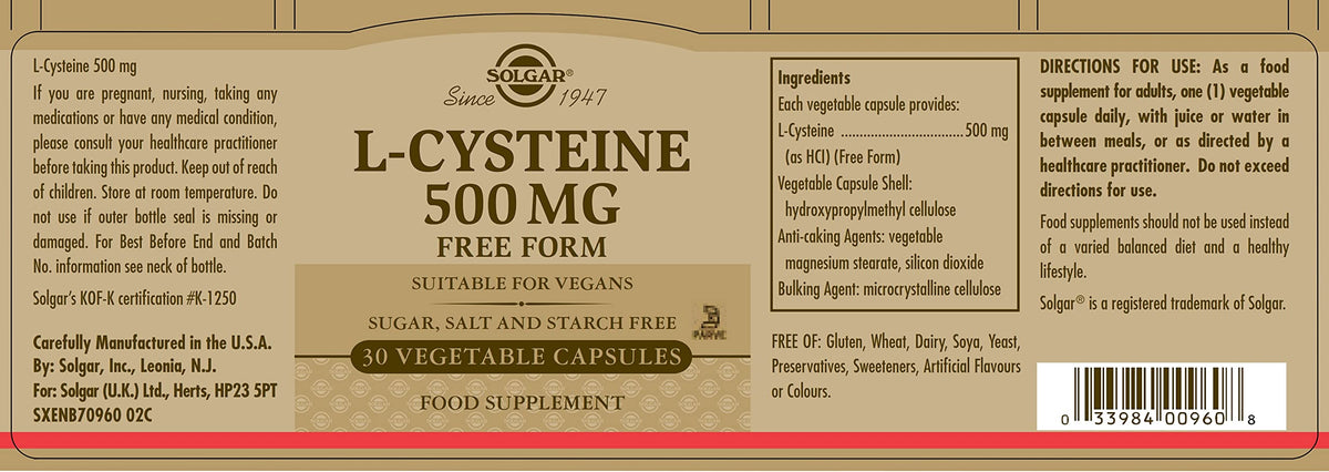 Solgar L-Cysteine 500 mg Vegetable Capsules - Pack of 30 - Metabolism Support - Amino Acid Supplement for Skin, Hair and Nails - Vegan, Gluten Free and Kosher