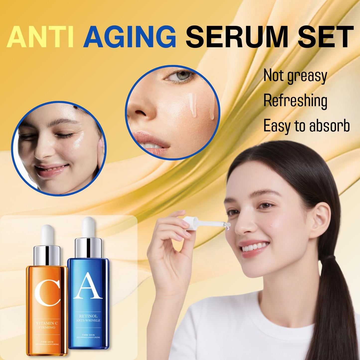 Anti Aging Serum Hyaluronic Acid Serum Duo Set - Vitamin C AM. & Retinol PM. - Collagen Boost, Anti-Wrinkle, Anti-Aging, Dark Circle, Sun Damage, Brighten Hydrate Face Serum, Korean Skin Care