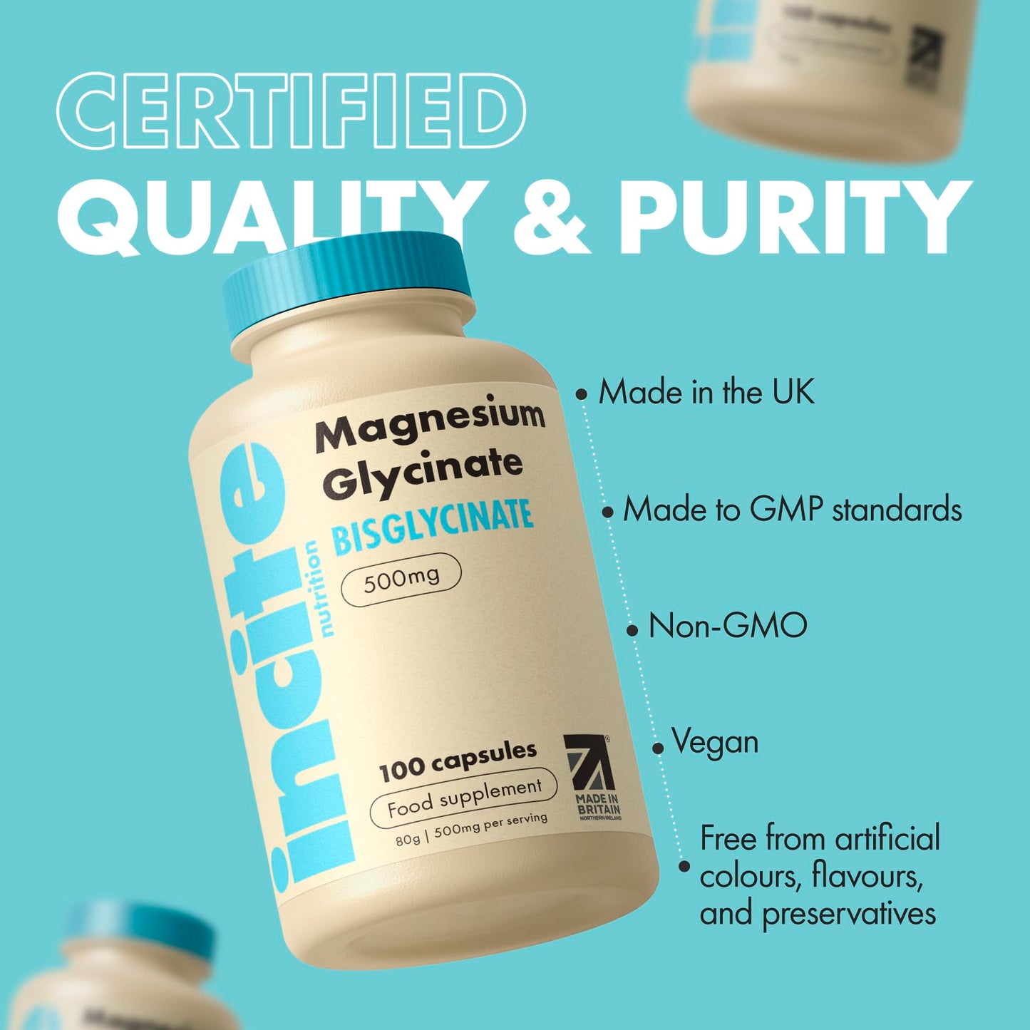 Incite Nutrition Magnesium Glycinate - 500mg - Premium Quality Natural - High Strength 100 Vegan Capsules (3 Month Supply) with Highest Bioavailability - Magnesium Supplements (bisglycinate)