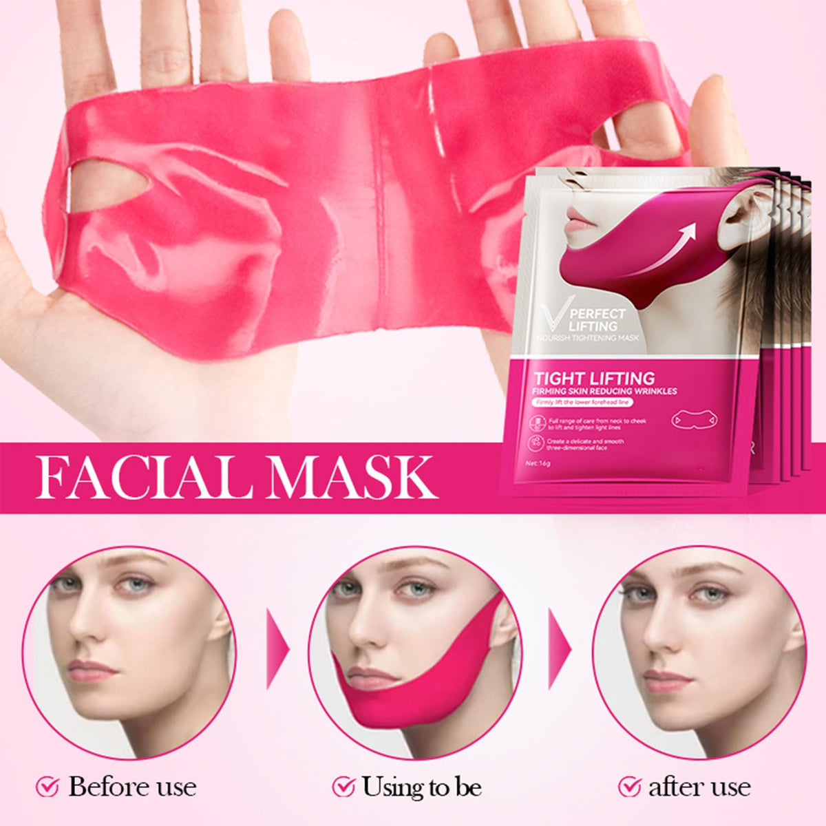 AurolaGlow Collagen Face Masks Face Lift Tape V-Line Collagen Face Mask for Lifting Double Chin & Defining Jawline Firming & Tightening Skin- 3pcs