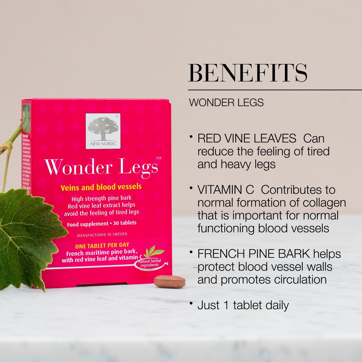 New Nordic Ltd New Nordic Wonder Legs, High-Strength Pine Bark & Red Vine Leaf Extract with Vitamin C, Supports Normal Circulation & Vein Function, 30 Tablets