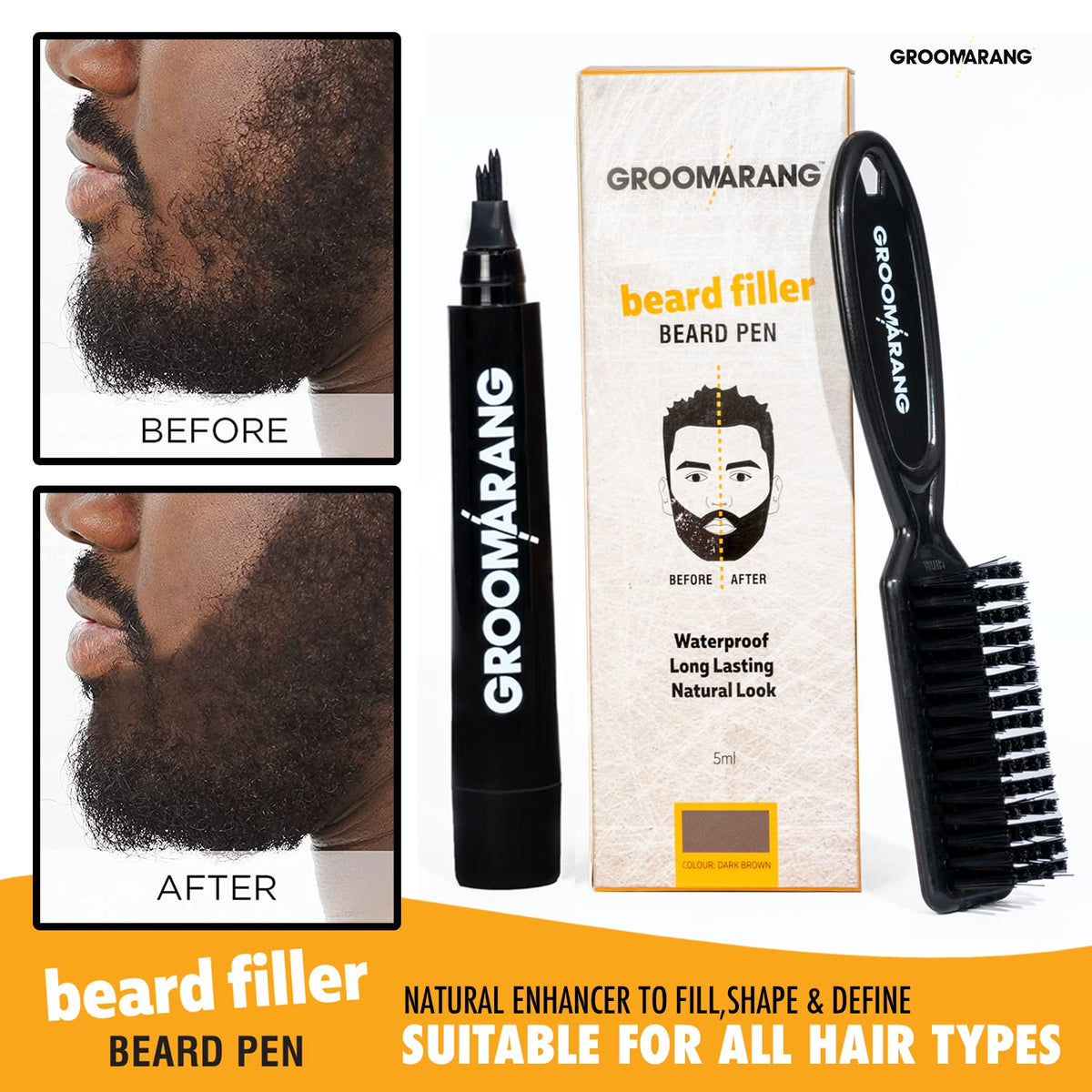 groomarang Beard Pen GROOMARANG® Beard Pencil Filler for Men - Natural Enhancer to Fill, Shape and Define - Black or Brown (Black)