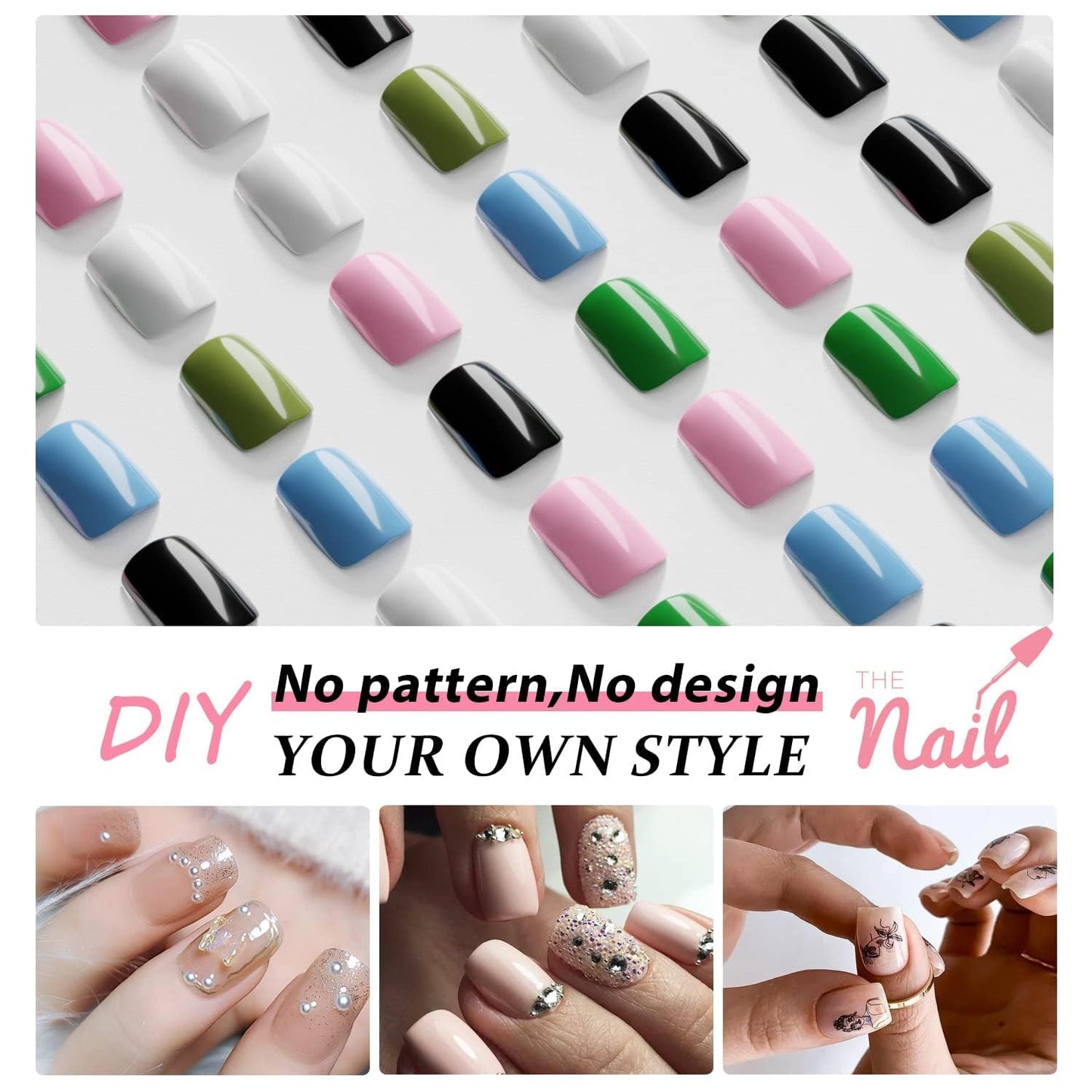 SXVME Hot Pink False Nails Short Medium Square, Gel Press on Nails Coffin Medium Glossy Fake Nails Set Solid Color Acrylic Nail Natural Fit Reusable Stick on Nail for Women Daily Wear, in 24 Pcs