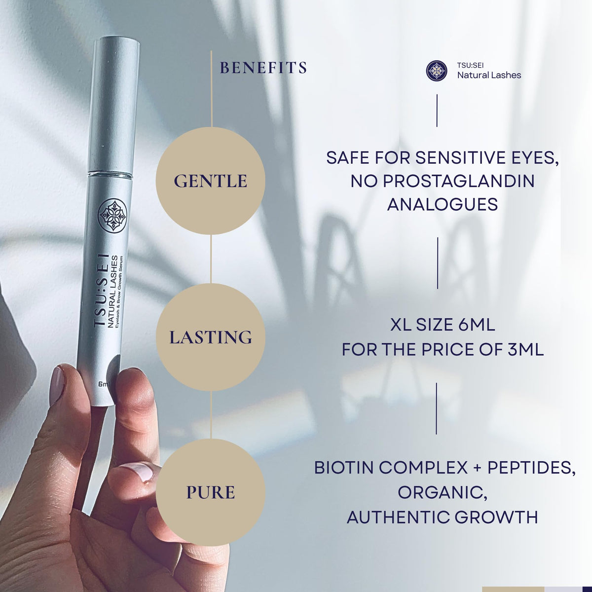 TSU:SEI Health and Beauty TSU:SEI Natural Lashes Eyelash Growth Serum for Longer, Fuller, Thicker Lashes | XL 6ml – 6 Months Supply | Lash Serum with Biotin & Peptides for Growth and Thickness | Prostaglandin-Free Lash Serum