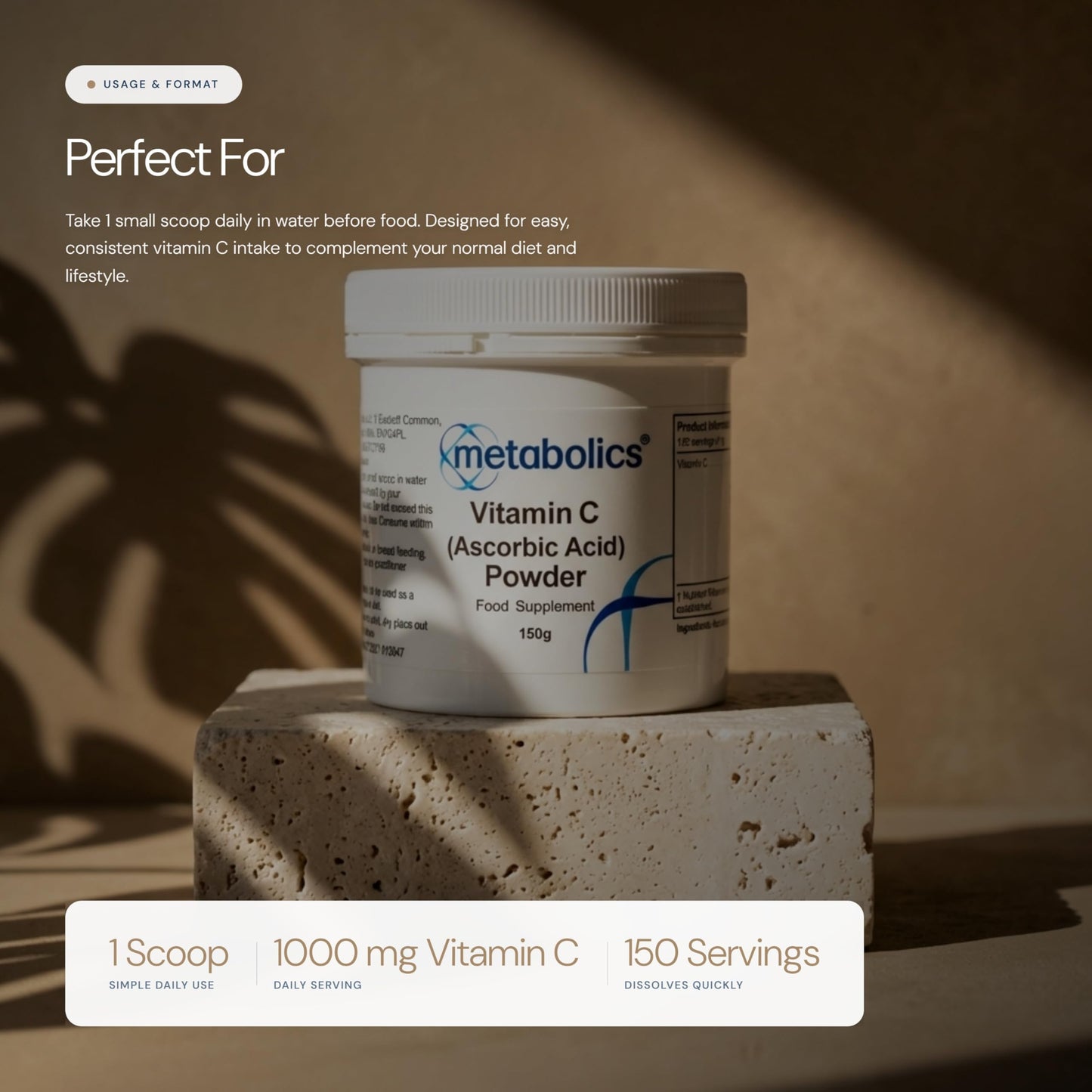 Vitamin C Powder by Metabolics | 1000mg Vitamin C Per Serving Providing 1250% NRV | Pot of 150g Providing 150 Servings Suitable for Vegans & Vegetarians- No Additives or Flowing Agents