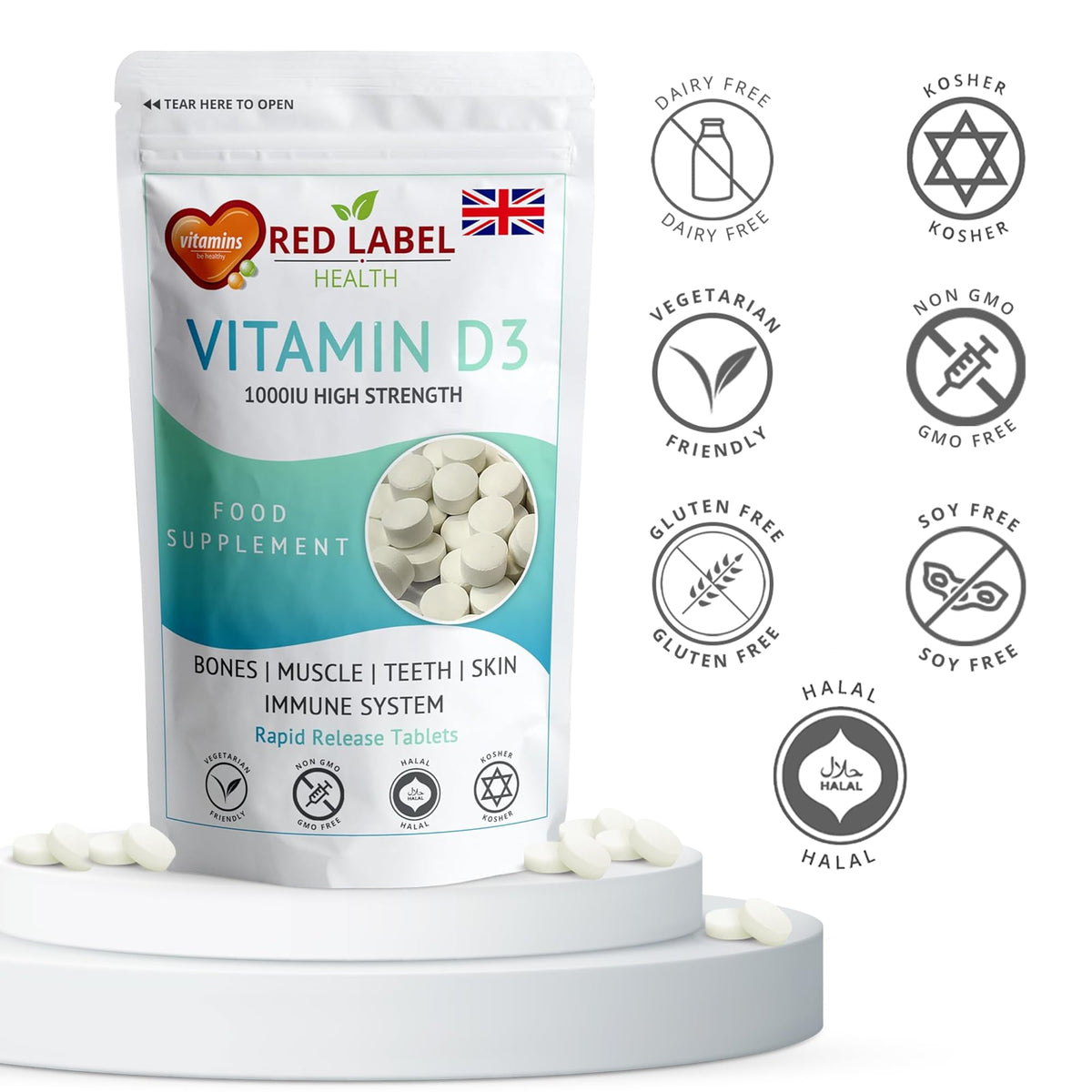 Red Label Health Vitamin D3 1000 IU, Pack of 360 Vitamin D Tablets (1 Year Supply), Healthy Teeth & Bones, Supports Immune System, High Strength Vitamin D Supplement for Men & Women, UK-Made