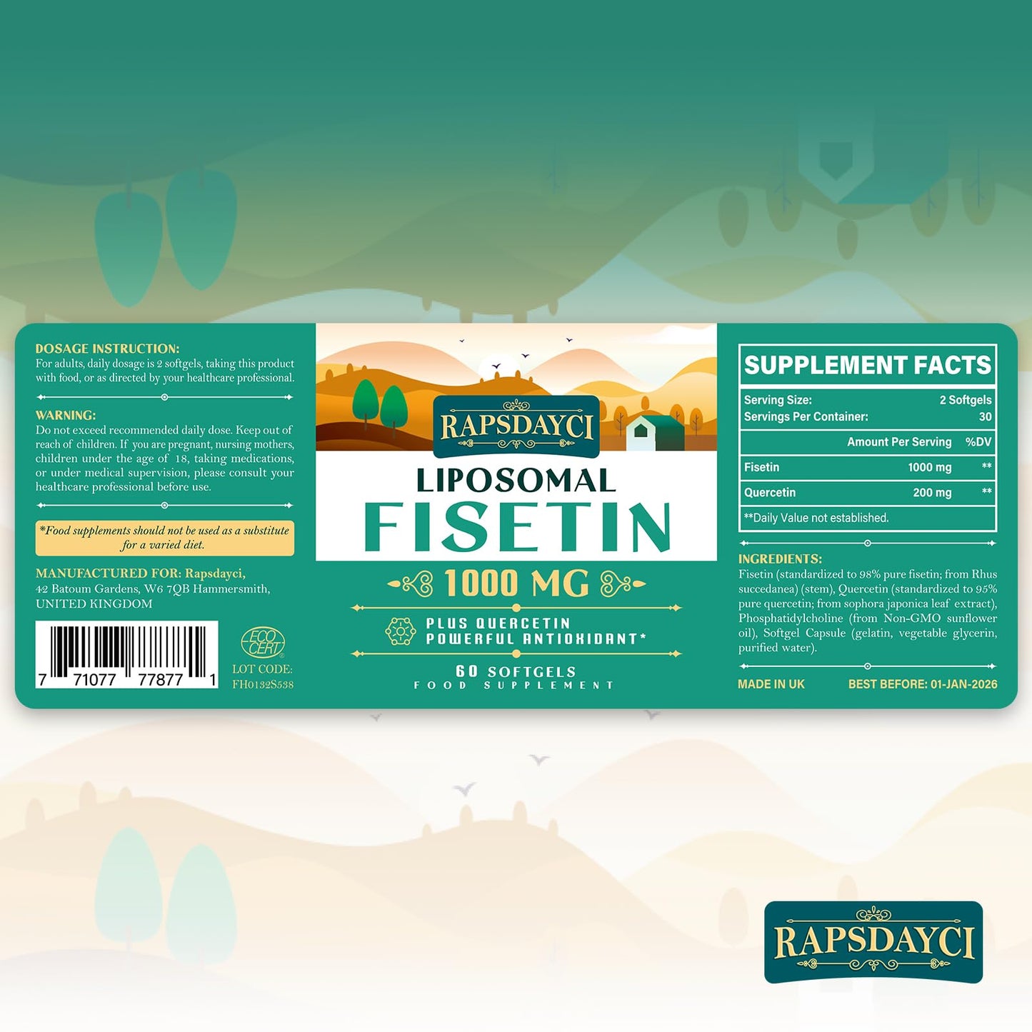 Rapsdayci Liposomal Fisetin with Quercetin - High-Potency 1000mg Combo Antioxidant Supplement for Optimal Health - 60 Softgels Per Bottle (Pack of 2)