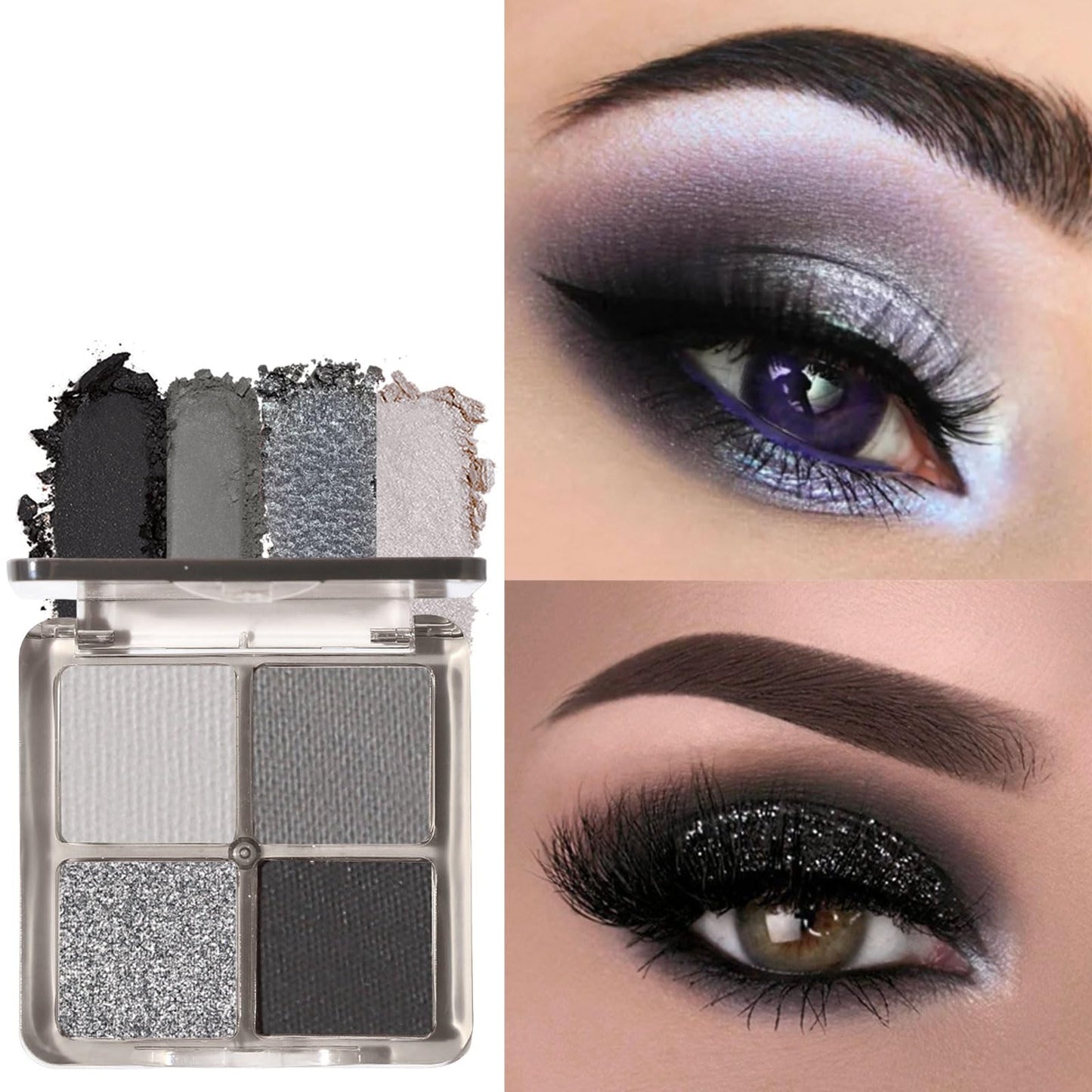 Black Silver Smoky Eyeshadow Palettes, Gray Cool Make-Up Palettes Shimmer Glitter Eye Shadow, 4-colour Gothic Highly Pigmented Long Lasting Shimmering and Matte Eye Shadow Palette