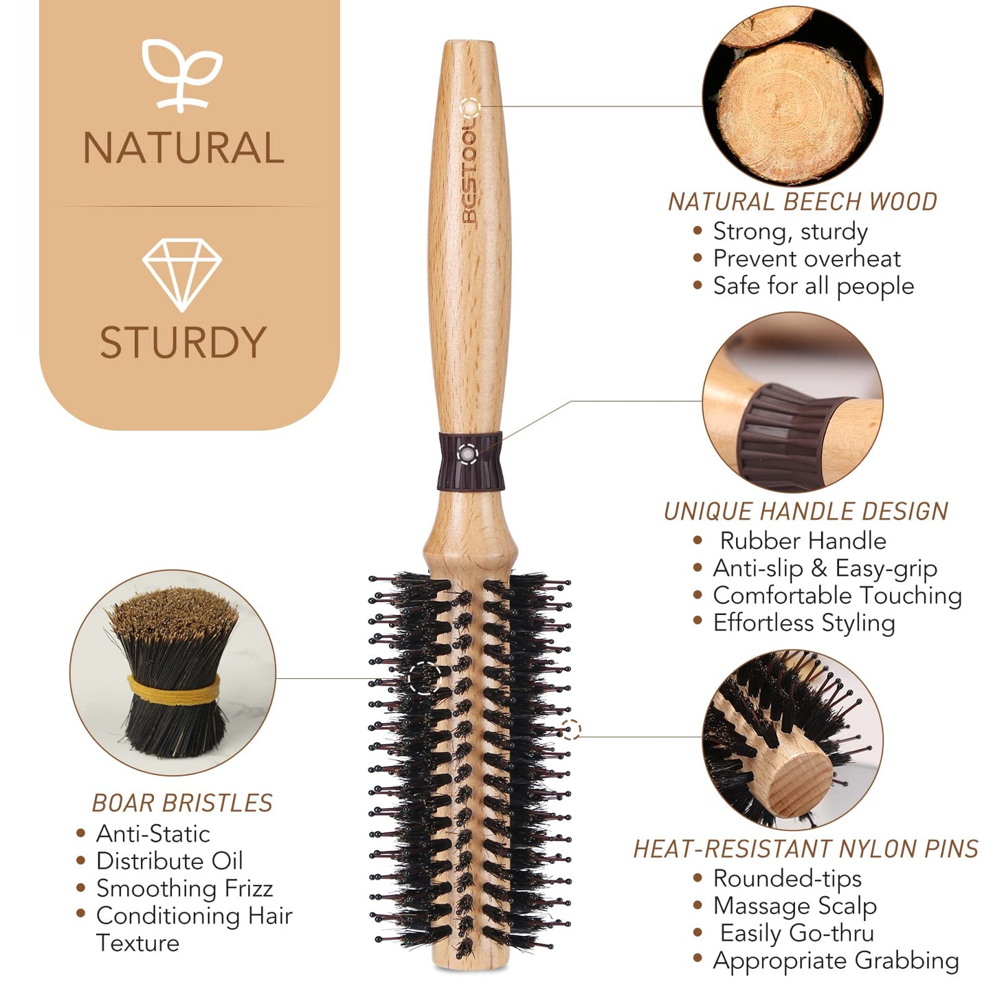 BESTOOL Round Brush for Blow-Drying, Boar Bristles with Nylon Pins Round Hair Brush, Professional Round Styling Brush for Women and Men, Straightening, Curling, Improving Hair Texture (Barrel 20mm)