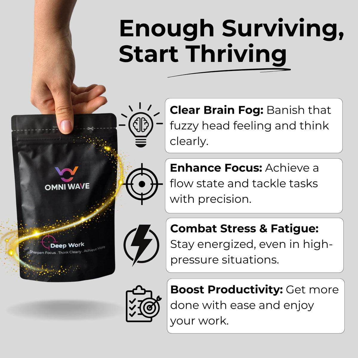 Deep Work by Omni Wave – AI-Engineered Mental Performance Supplement, 14 Natural Ingredients for Clear Focus, Enhanced Productivity, Brain Fog Relief, and Stress & Fatigue Support, Jitter-Free Energy.