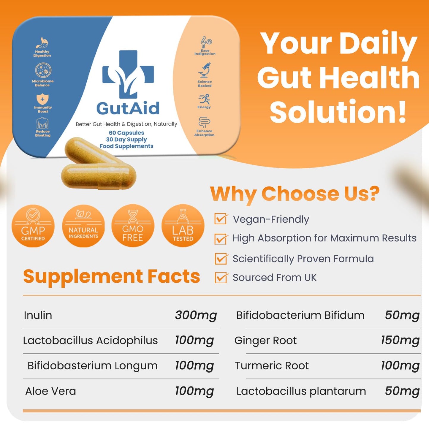 DailyAid Gut Aid Probiotics for Gut Health - Bio Cultures Complex Prebiotics for Bloating Relief & Immune Support | 67.5 Billion CFUs Vegan Gut Health Supplements to Support Microbiome and Digestion