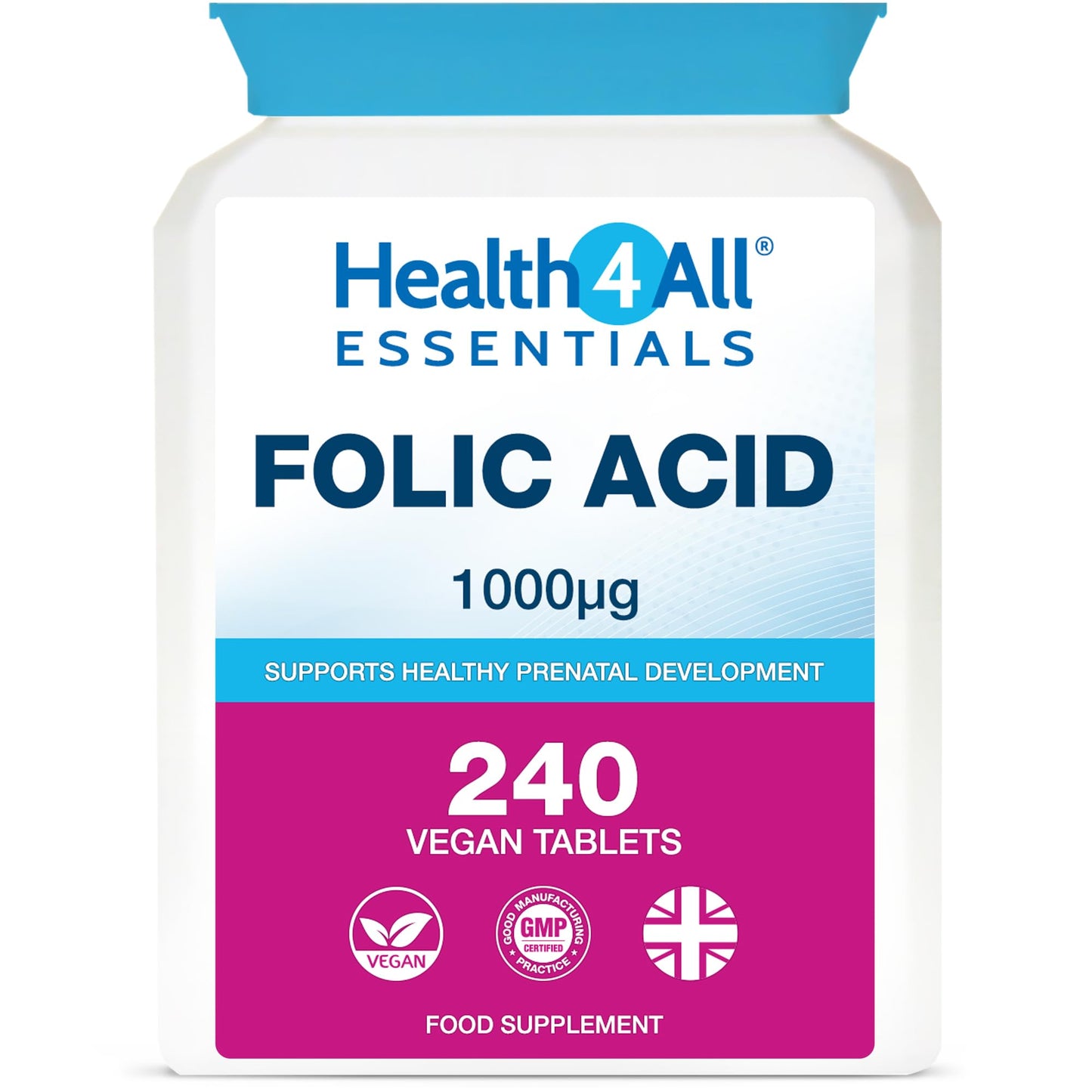 Health4All Folic Acid 1000mcg 240 Tablets (8-Month Supply) - Supports Healthy Prenatal Development - UK Made Vegan Folic Acid High Strength Vitamin B9 Tablets
