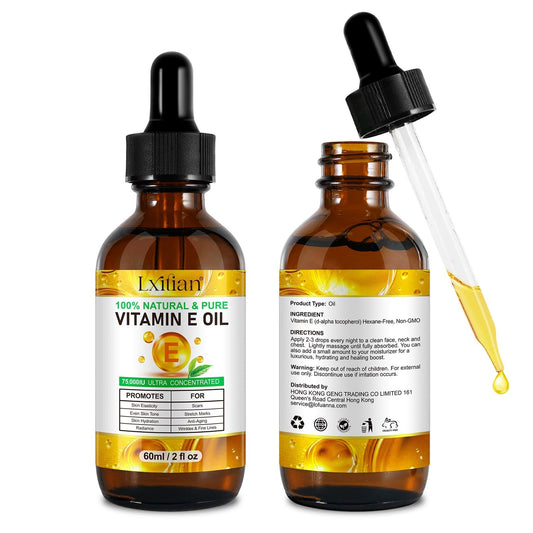 Gorgeurora Vitamin E Oil 75,000 IU 2 Fl Oz - 100% Organic Pure Vitamin E Oil for Skin, Face & Hair - Natural Moisturizing Oil, Suitable for Scars & Stretch Marks & Wrinkles - Non-GMO, Fast Absorbing - 2Pcs