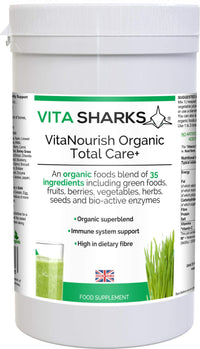 Vita Sharks VitaNourish Organic Total Care+ Vitamin C. 300g Complete Vegan Immune Boosting, Alkalising Nourishment Complex. Bio Active Enzymes for Absolute Detoxification & Digestion Support.
