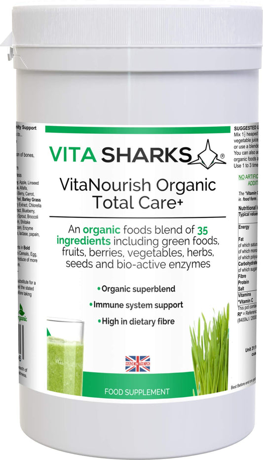 Vita Sharks VitaNourish Organic Total Care+ Vitamin C. 300g Complete Vegan Immune Boosting, Alkalising Nourishment Complex. Bio Active Enzymes for Absolute Detoxification & Digestion Support.