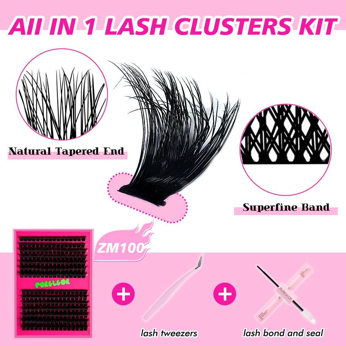 PURELEOR Individual Cluster Lashes Kit Lash Extensions Set DIY Multiple styles Eyelash Clusters with Bond and Seal Tweezers 100D Curl Mixed 10-16mm