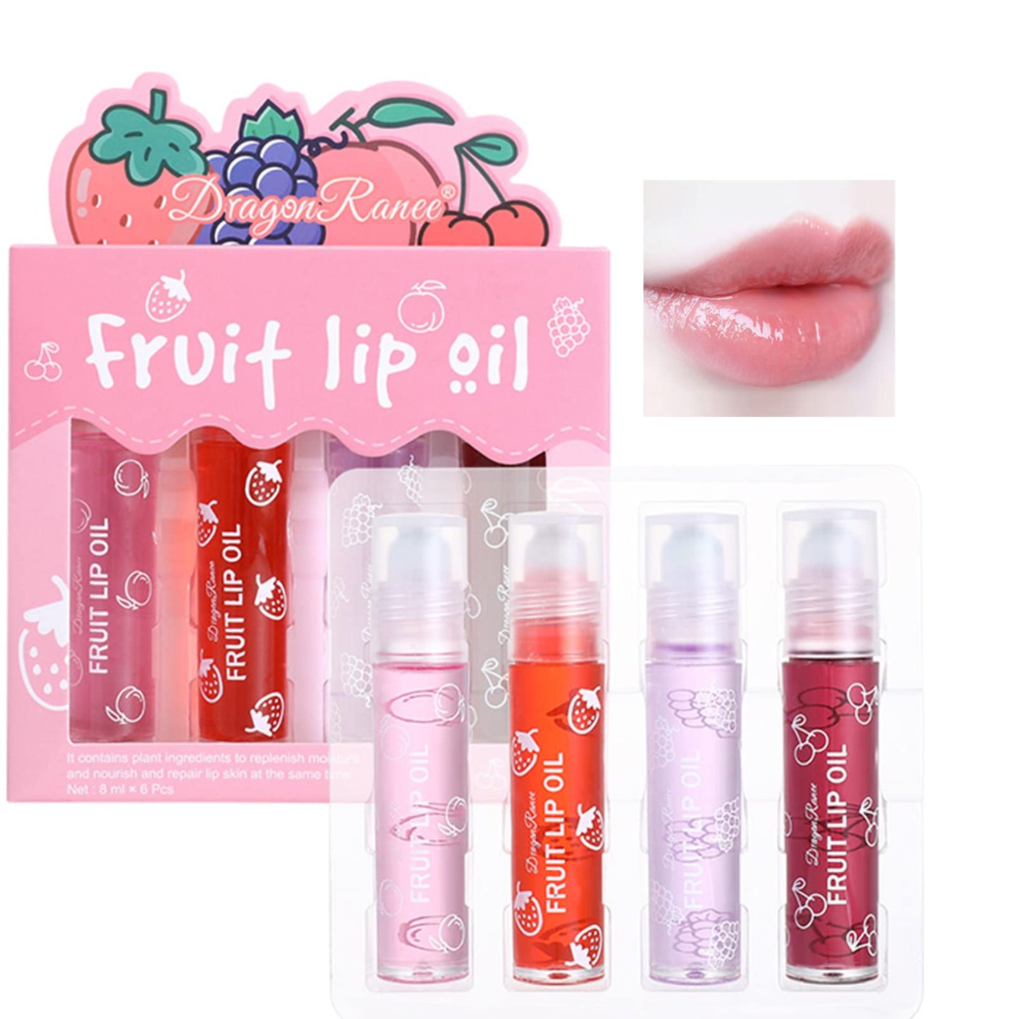 KTouler 4 Pcs Fruit Lip Oil Set Lip Gloss Crystal Jelly Liquid Lipstick, Set Moisturizing Hydrating Non-Stick cup Long Lasting Lip Kit for Women and Girls (Lip Oil, 4Pcs)